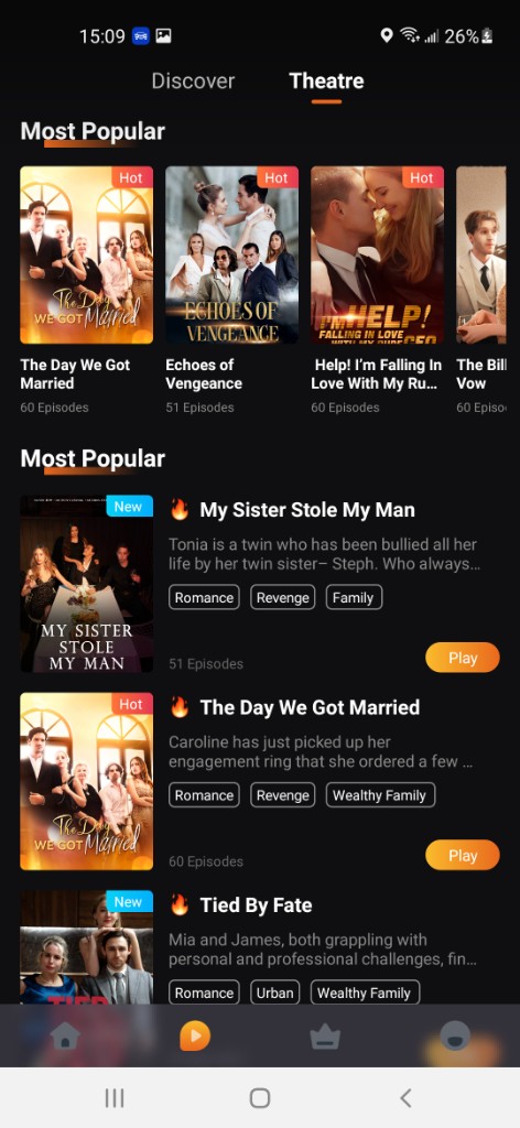 Laqta app Theatre screen showing Most Popular short dramas